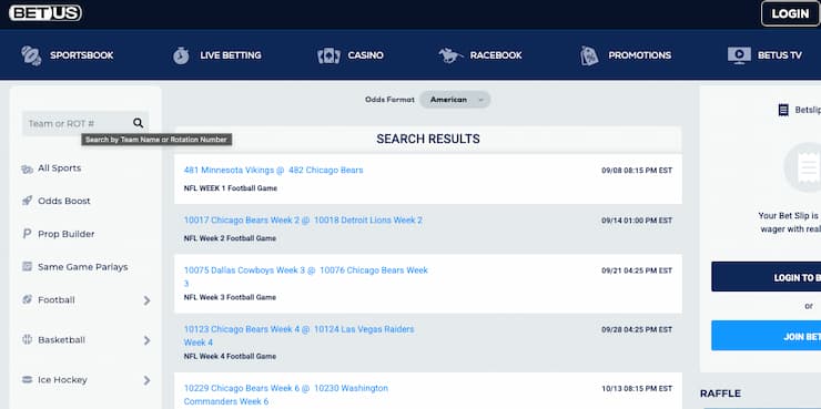 A view of the betting interface on BetUS, one of the best IA online sportsbooks.
